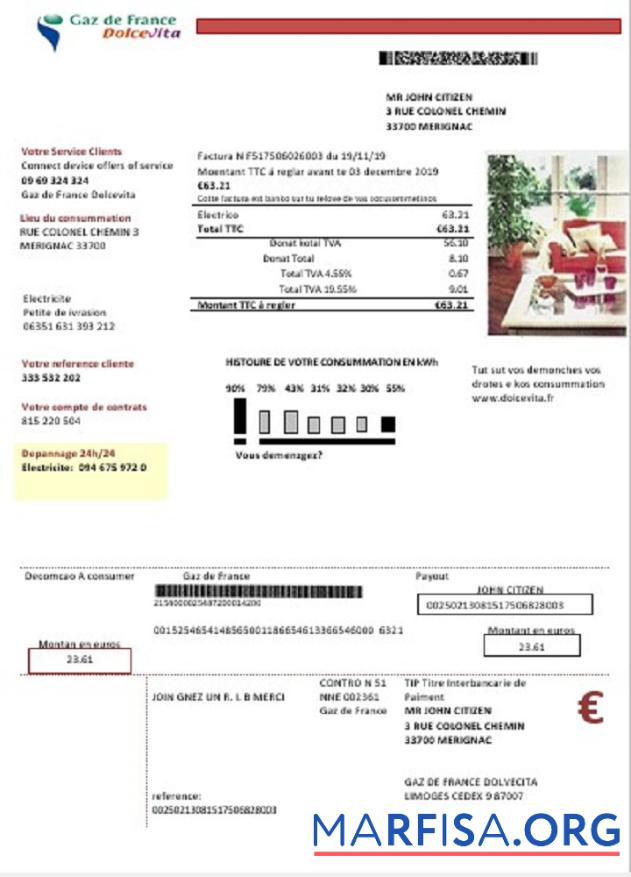 Downloadable France Gaz de France Dolcevita utility bill example